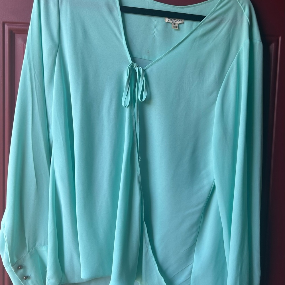 Lily White XL sheer Aqua Blouse with Tie Neck